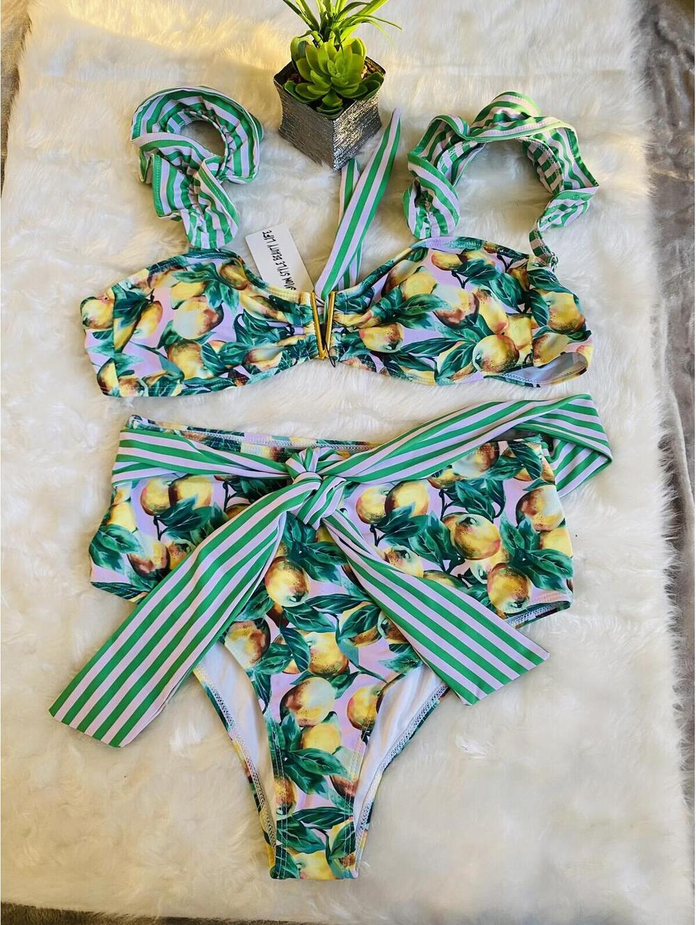 Sporlike Lemon Print Two-Piece Bikini with Striped Bow Large